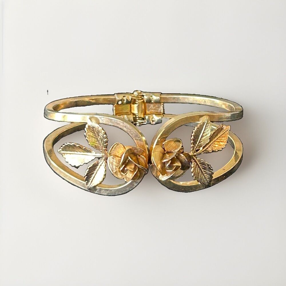 Vintage Giovanni Rose Bracelet Gold Tone Hinged Bangle Floral Leaf Signed
